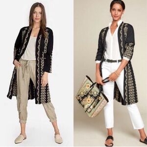 Johnny Was Tracy Embroidered Knit Aztec Print Duster Coat Size L Black Multi